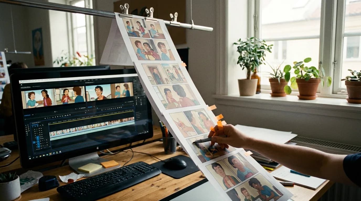 A bright animation studio in the morning, a long vertical printout of a colour comic episode hanging from a clip rail, an animator's hand placing orange sticky markers on panels, a wide monitor beside it showing widescreen animated frames of the same characters, cinematic still
