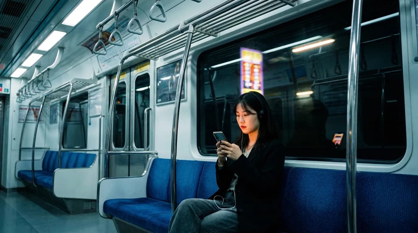 A young woman seated alone in a Seoul subway car at night, scrolling a vertical comic on her phone, blue seats and tunnel lights streaking past the dark window, cinematic still