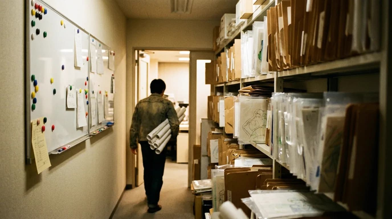 An anime studio corridor with a wall of stacked cut folders and key animation sheets in plastic sleeves, an animator walking past carrying rolled drawings, warm tungsten light, cinematic still