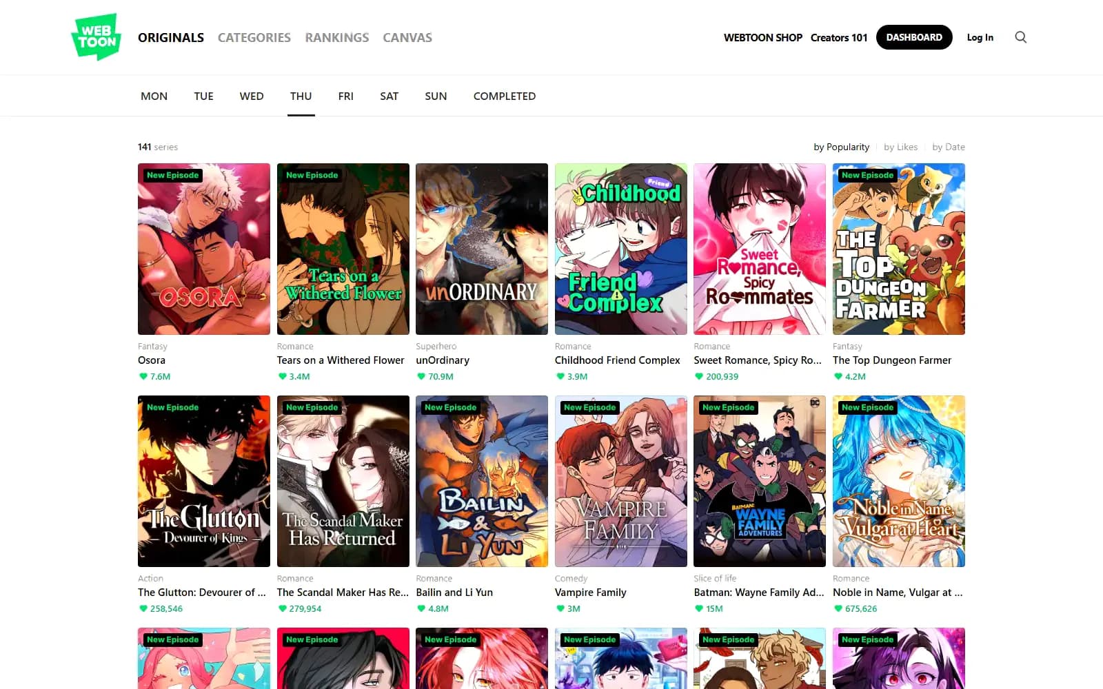 The WEBTOON Originals page with the daily release tabs and a grid of series thumbnails, 141 series listed for the day