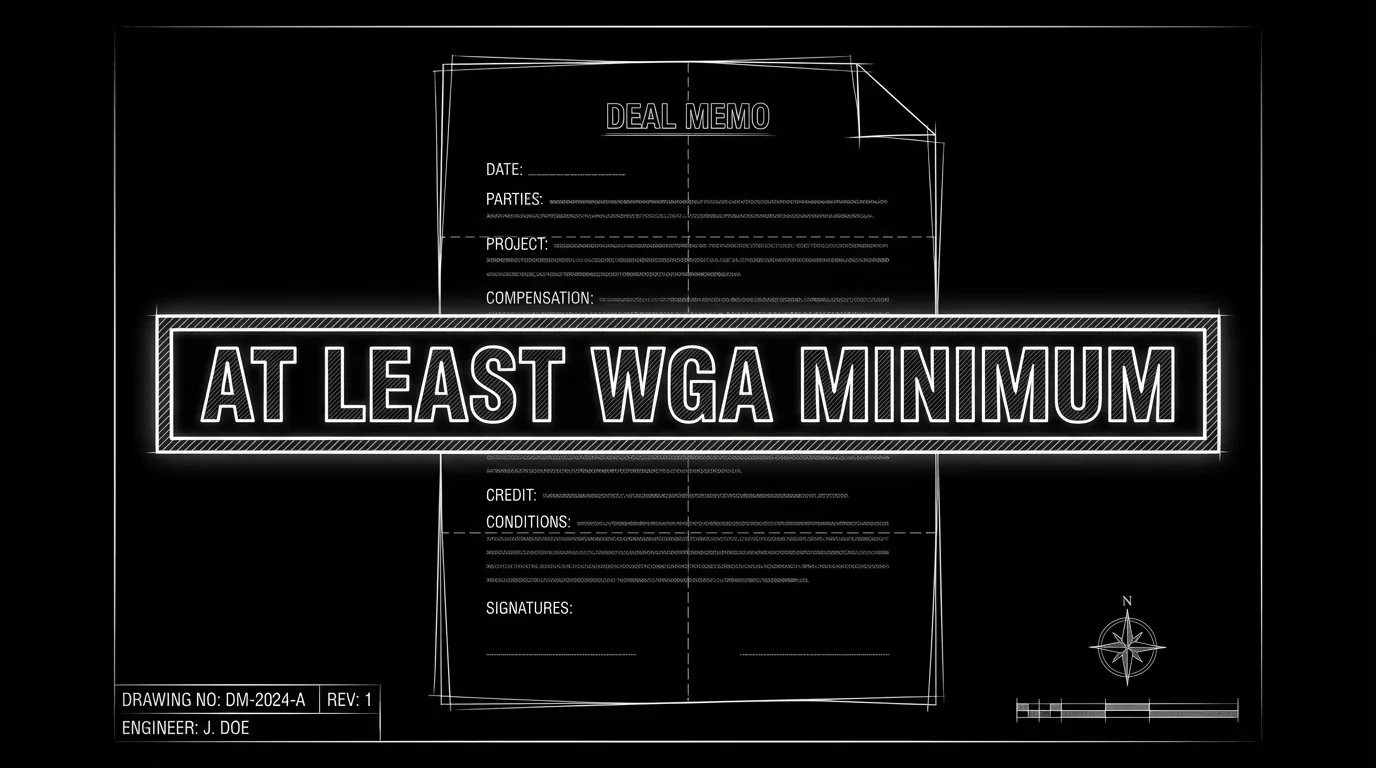 Deal memo with "at least WGA minimum" clause; dark mode technical sketch