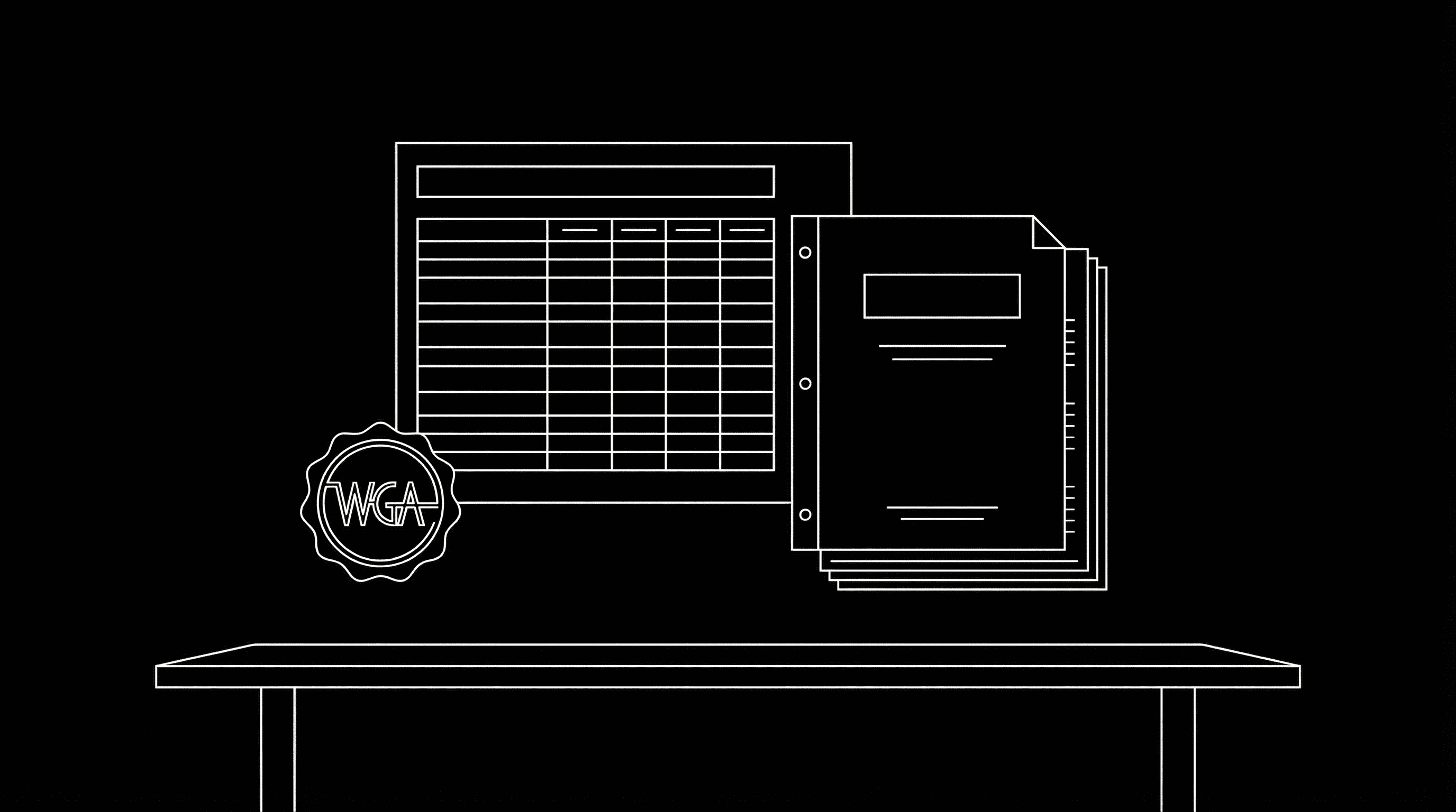 WGA minimums, rate card; dark mode technical sketch