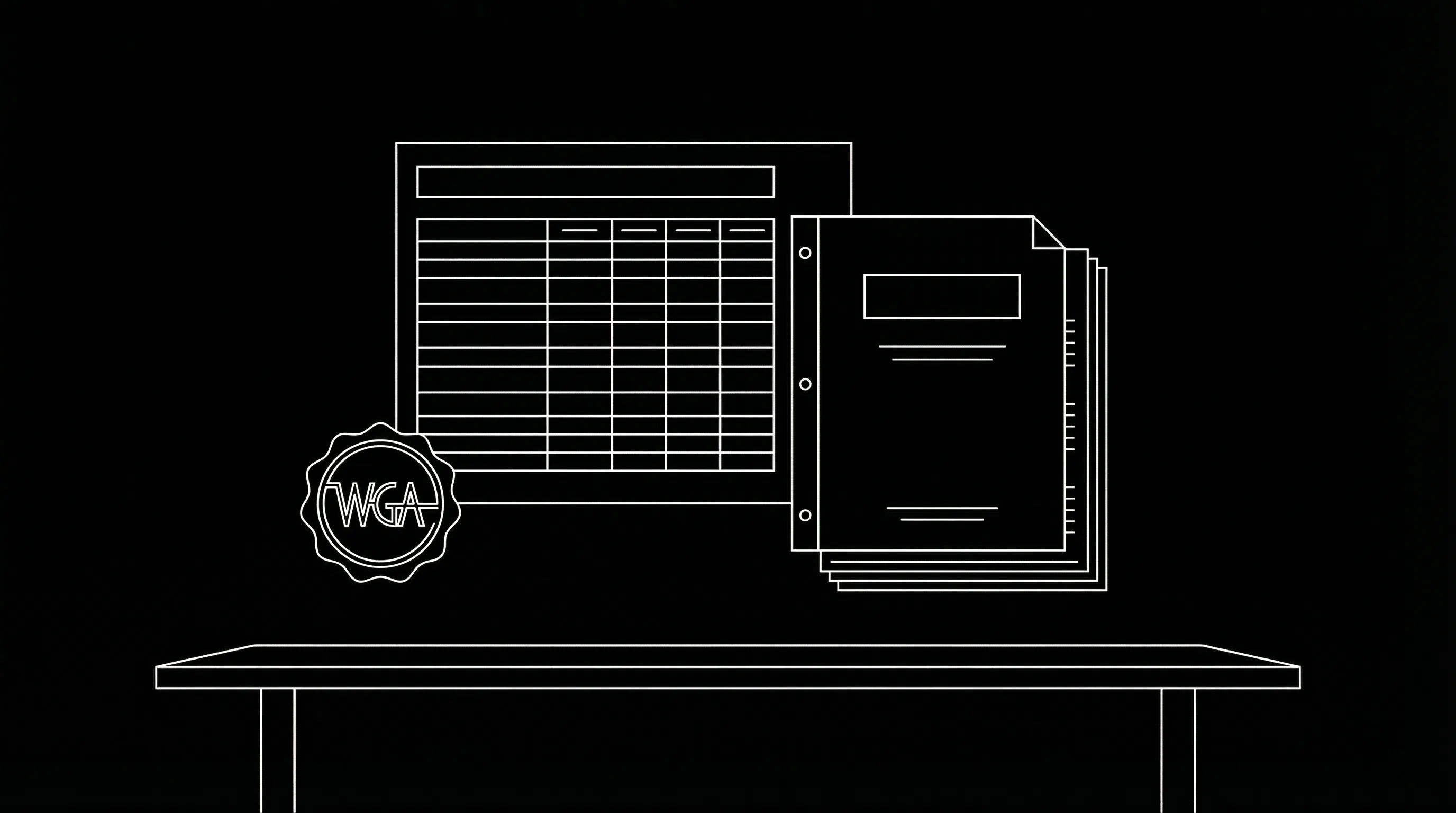 WGA minimums, rate card; dark mode technical sketch
