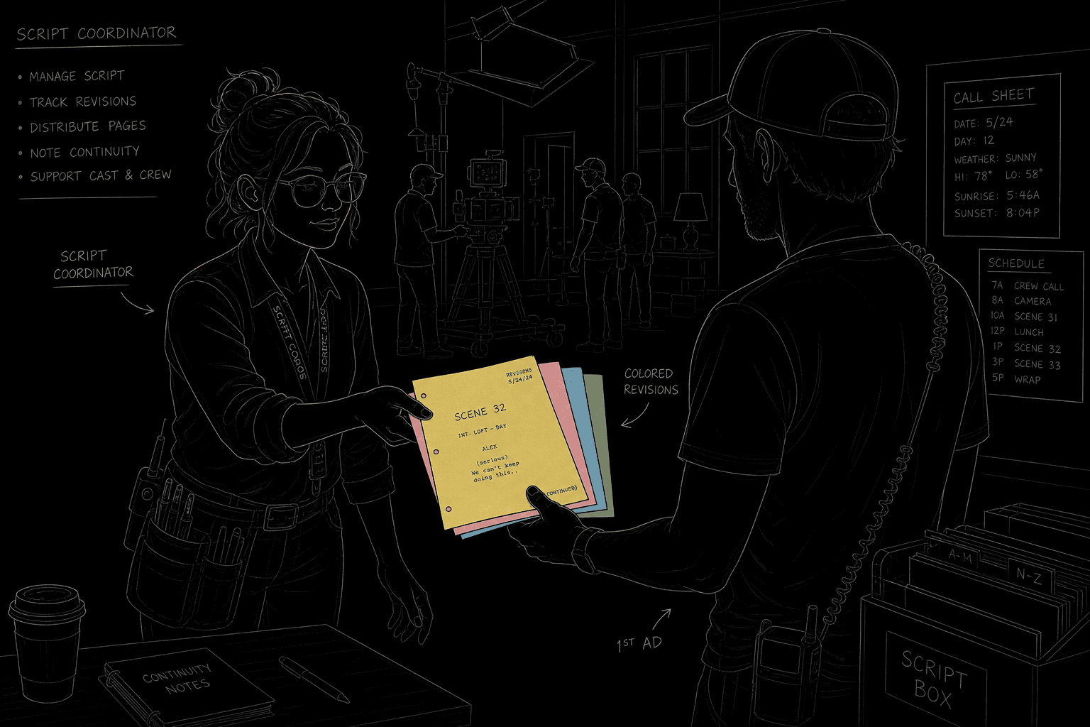 Dark mode technical sketch: script coordinator handing colored revision pages to AD on set, thin white lines on black