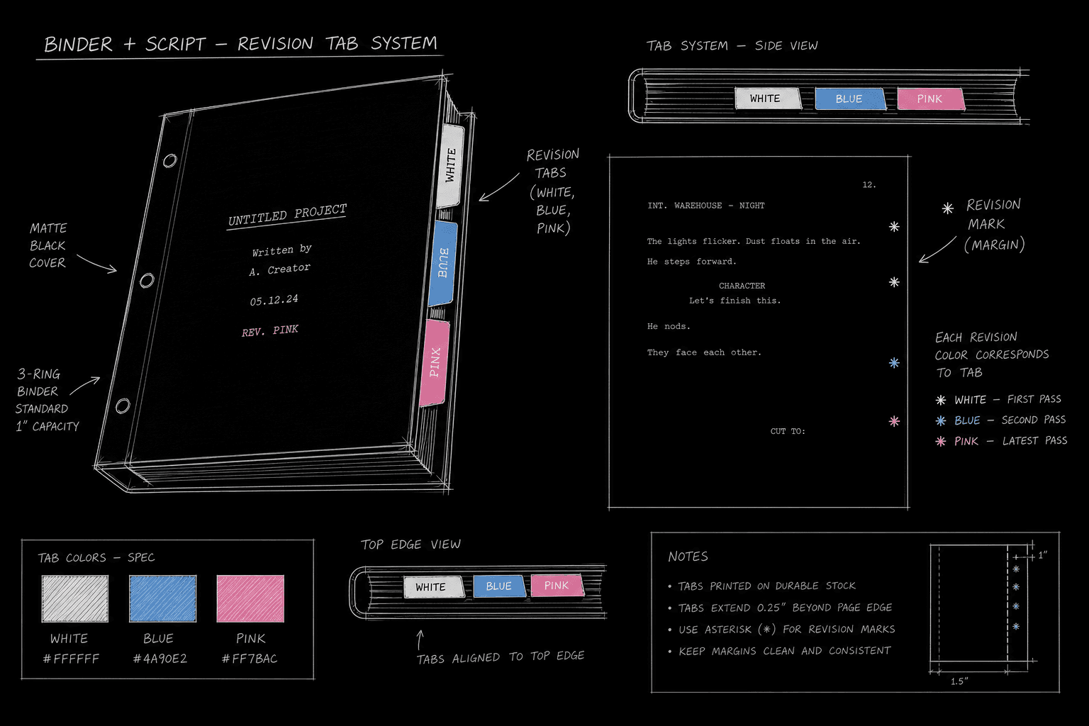 Dark mode technical sketch: binder tabs labeled WHITE BLUE PINK with revision asterisks on script margins, thin white lines on black