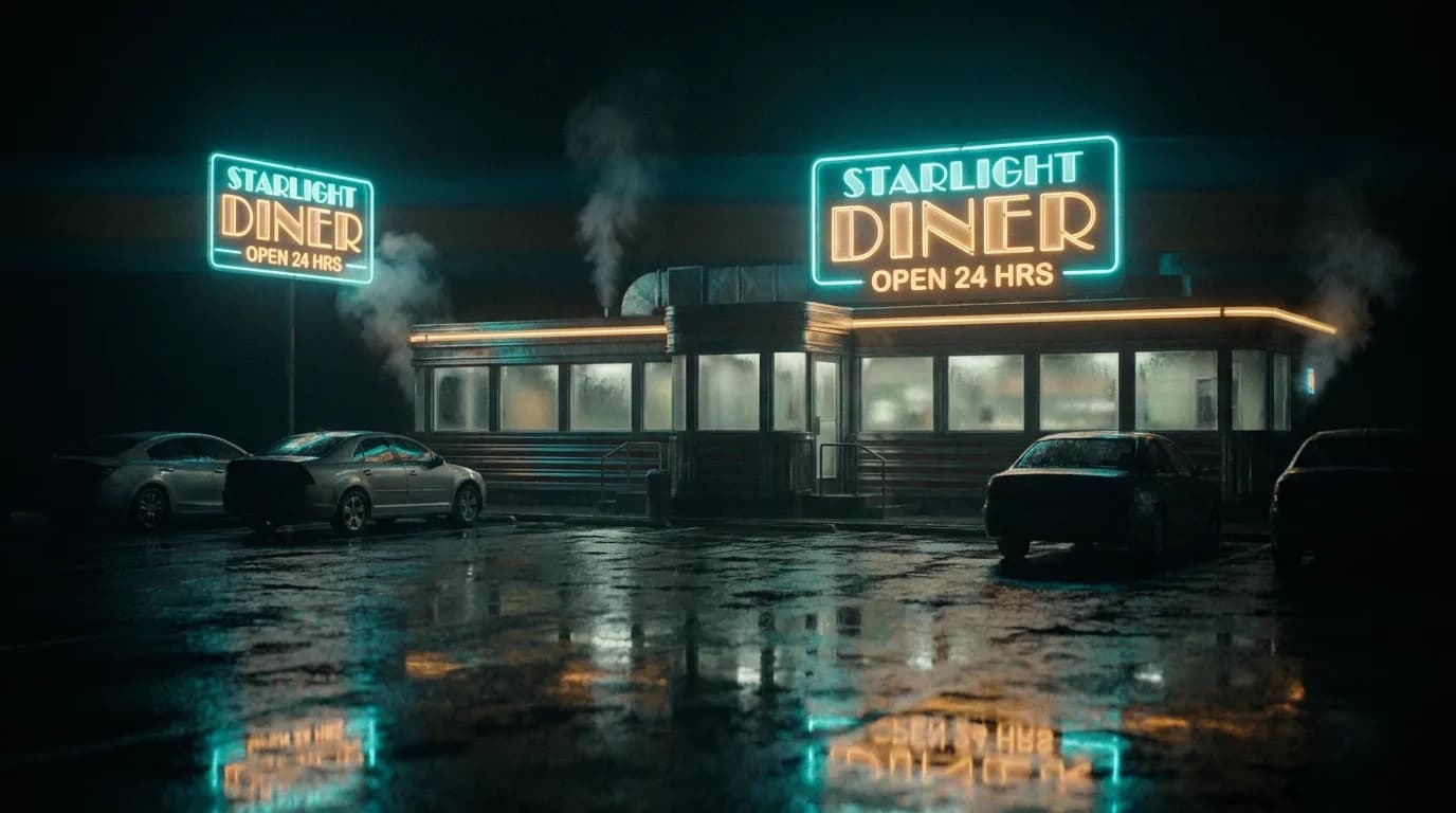 A rain-slicked diner exterior at night, neon sign glowing over an empty parking lot framed like an establishing shot, cinematic still