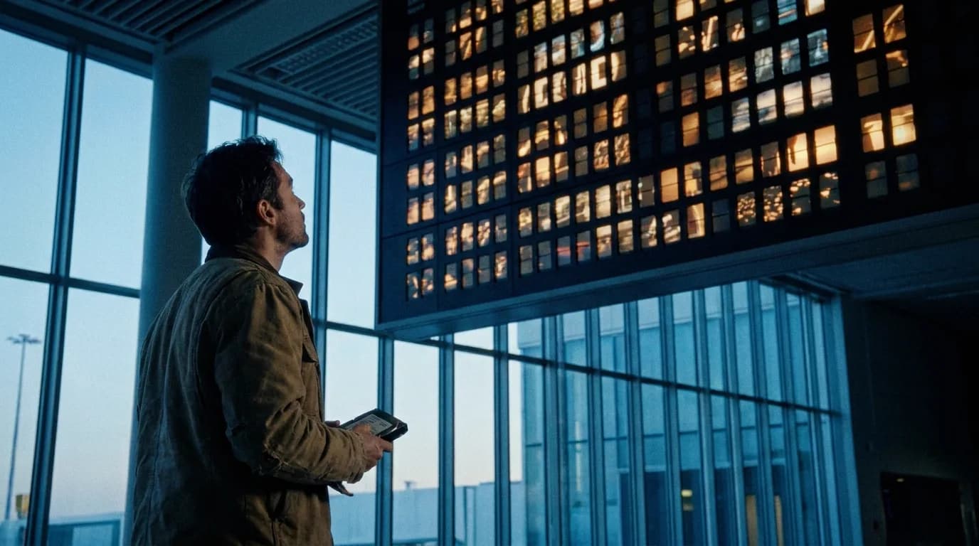 A filmmaker alone in an empty airport terminal at dawn, holding a small hard drive and looking up at a departures board whose rows are lit with tiny glowing video screens, cinematic still