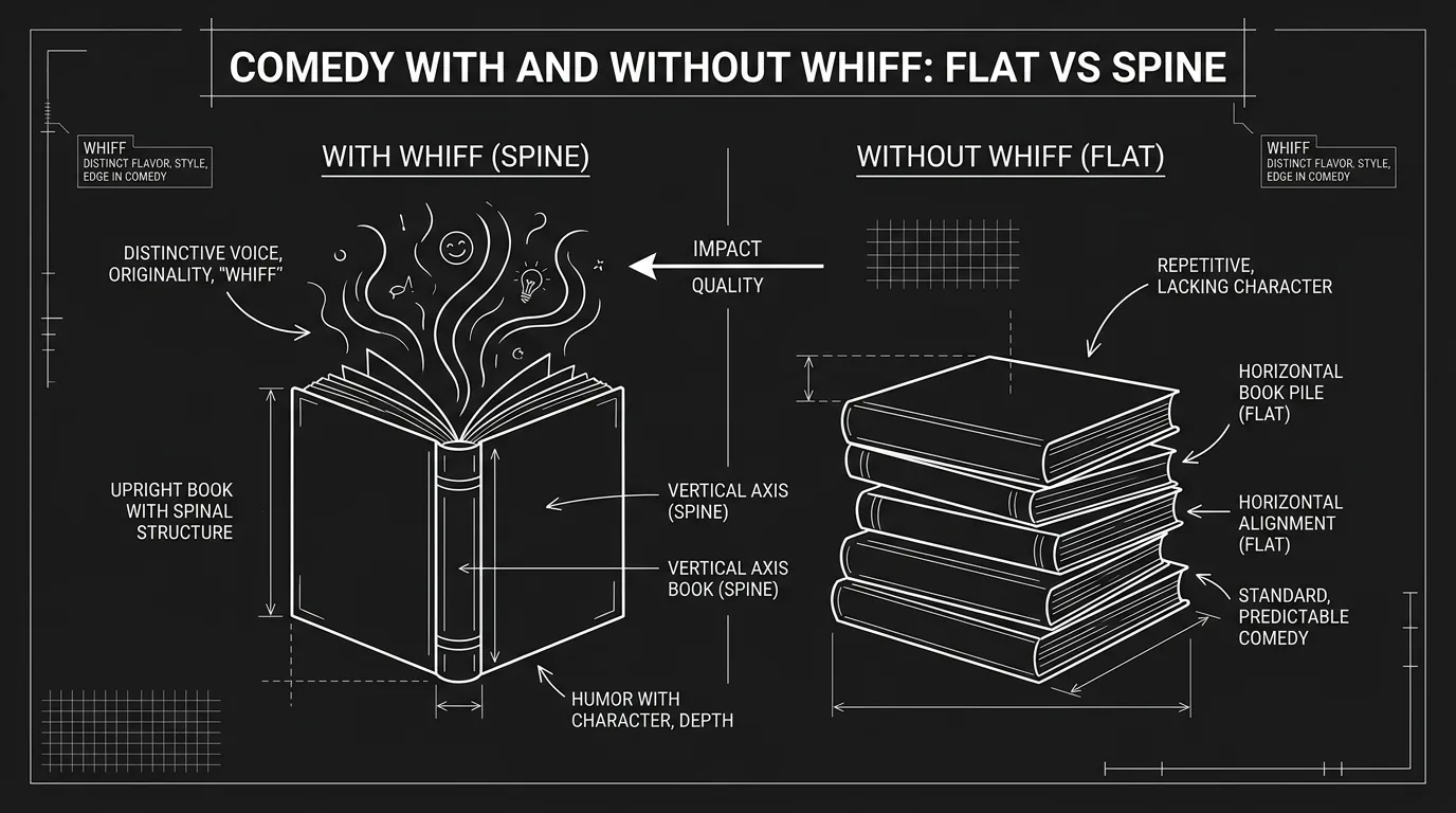 Comedy with and without whiff: flat vs spine; dark mode technical sketch