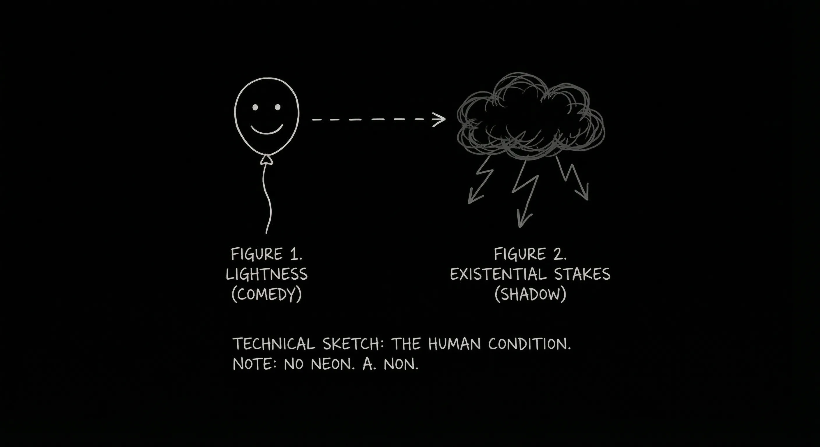 Whiff of death: comedy with a shadow of real stakes; dark mode technical sketch