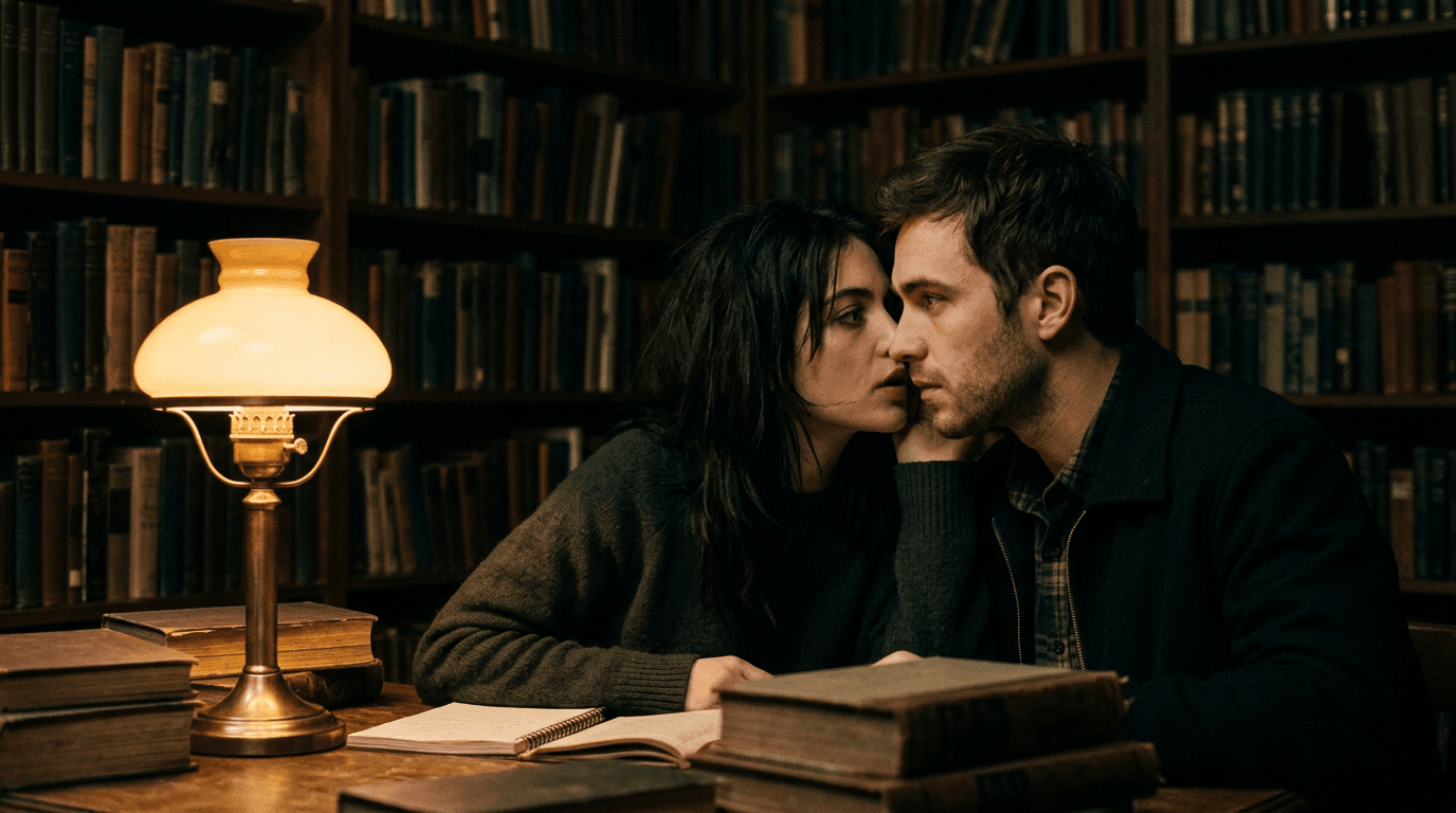 Cinematic 35mm film still: two people whispering close in dim room