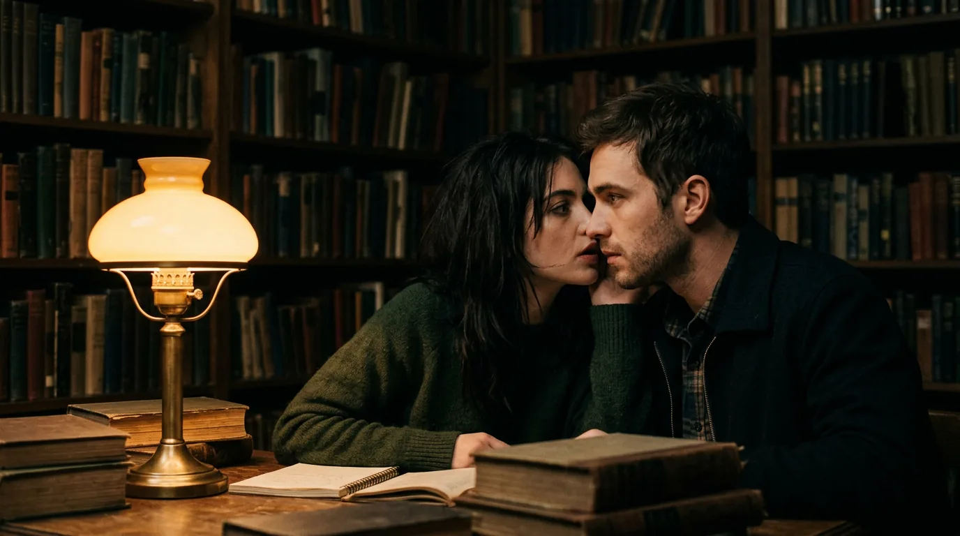 Cinematic 35mm film still: two people whispering close in dim room