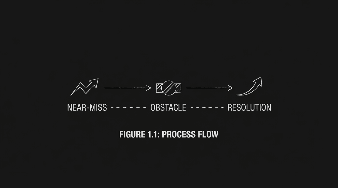 Timeline: near-miss, obstacle, near-miss, resolution; dark mode technical sketch