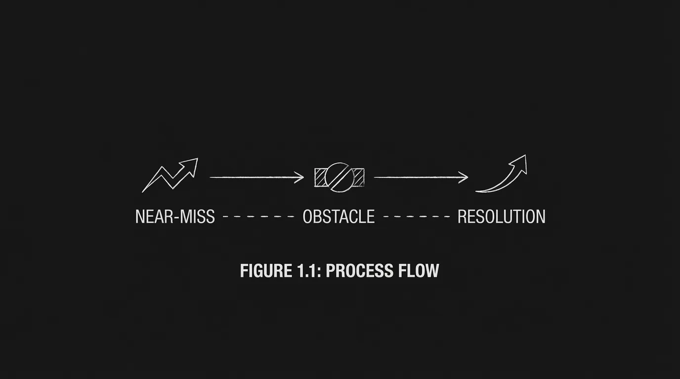 Timeline: near-miss, obstacle, near-miss, resolution; dark mode technical sketch