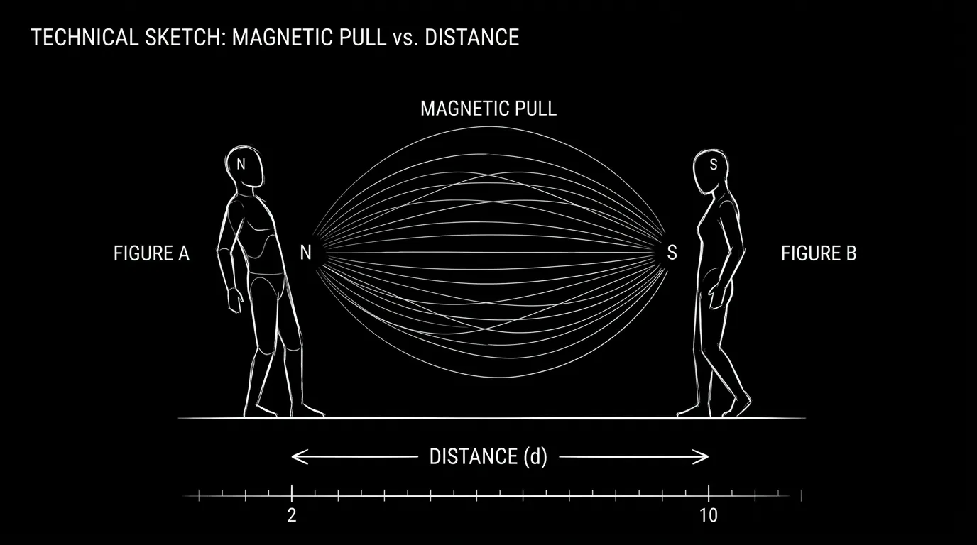 Two figures; magnetic pull and distance; dark mode technical sketch