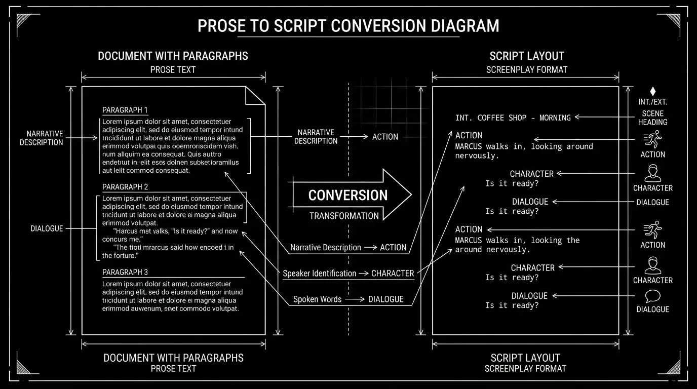 Dark mode technical sketch: Doc on left, screenwriting app on right; arrow between them; element labels