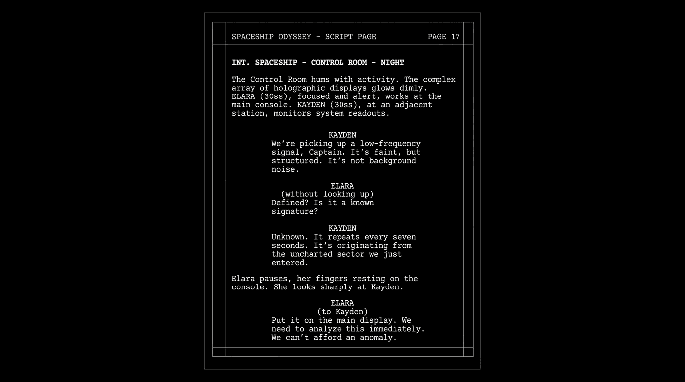 Dark mode technical sketch: single script page in correct format; "professional" implied; thin white lines on black
