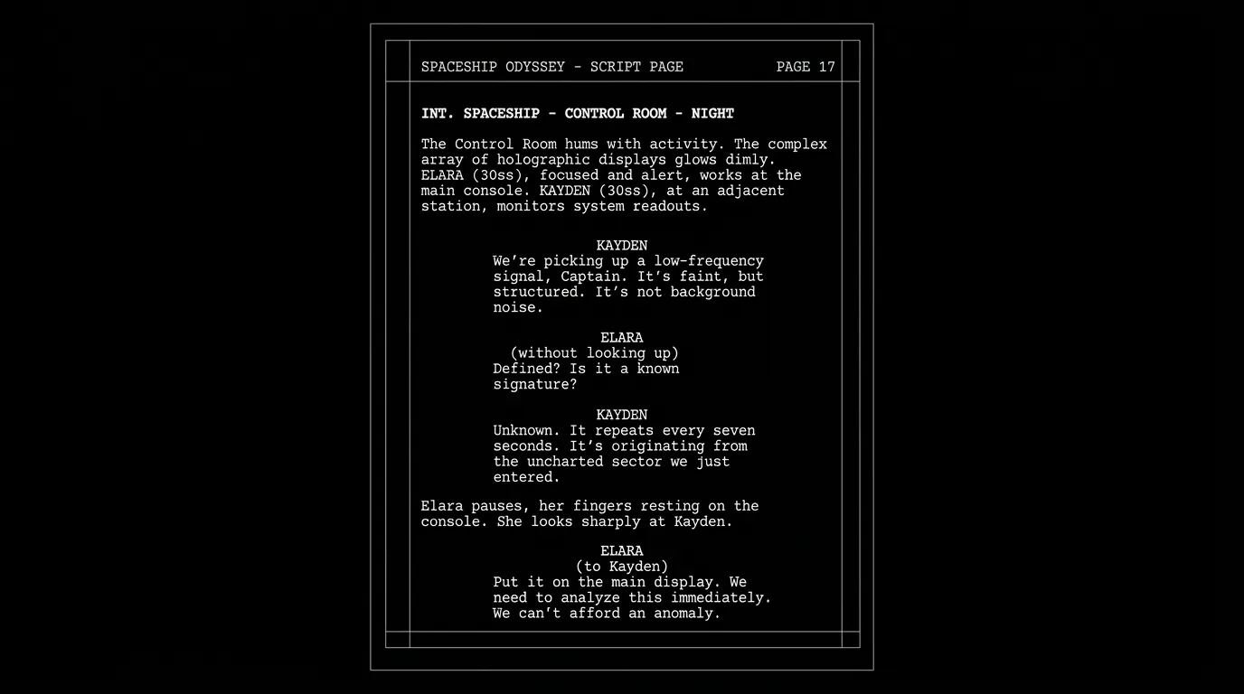 Dark mode technical sketch: single script page in correct format; "professional" implied; thin white lines on black