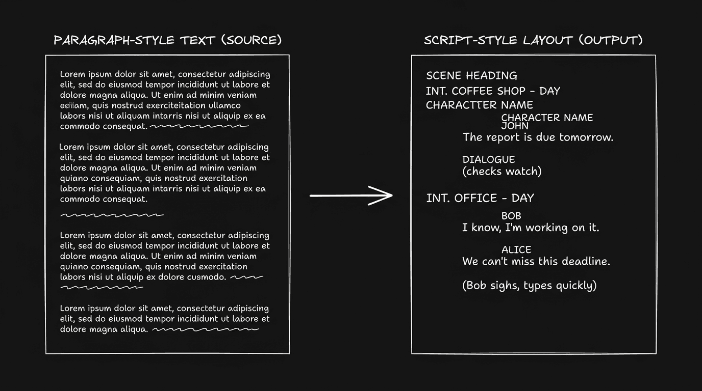 Dark mode technical sketch: document transforming into script format; scene headings, dialogue; thin white lines on black