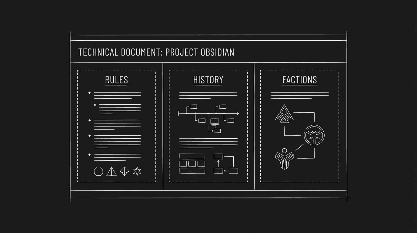Document with sections: rules, history, factions; dark mode technical sketch