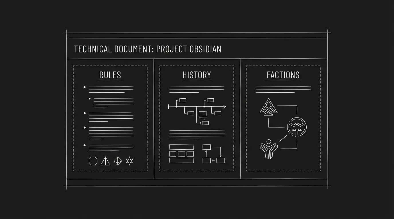 Document with sections: rules, history, factions; dark mode technical sketch