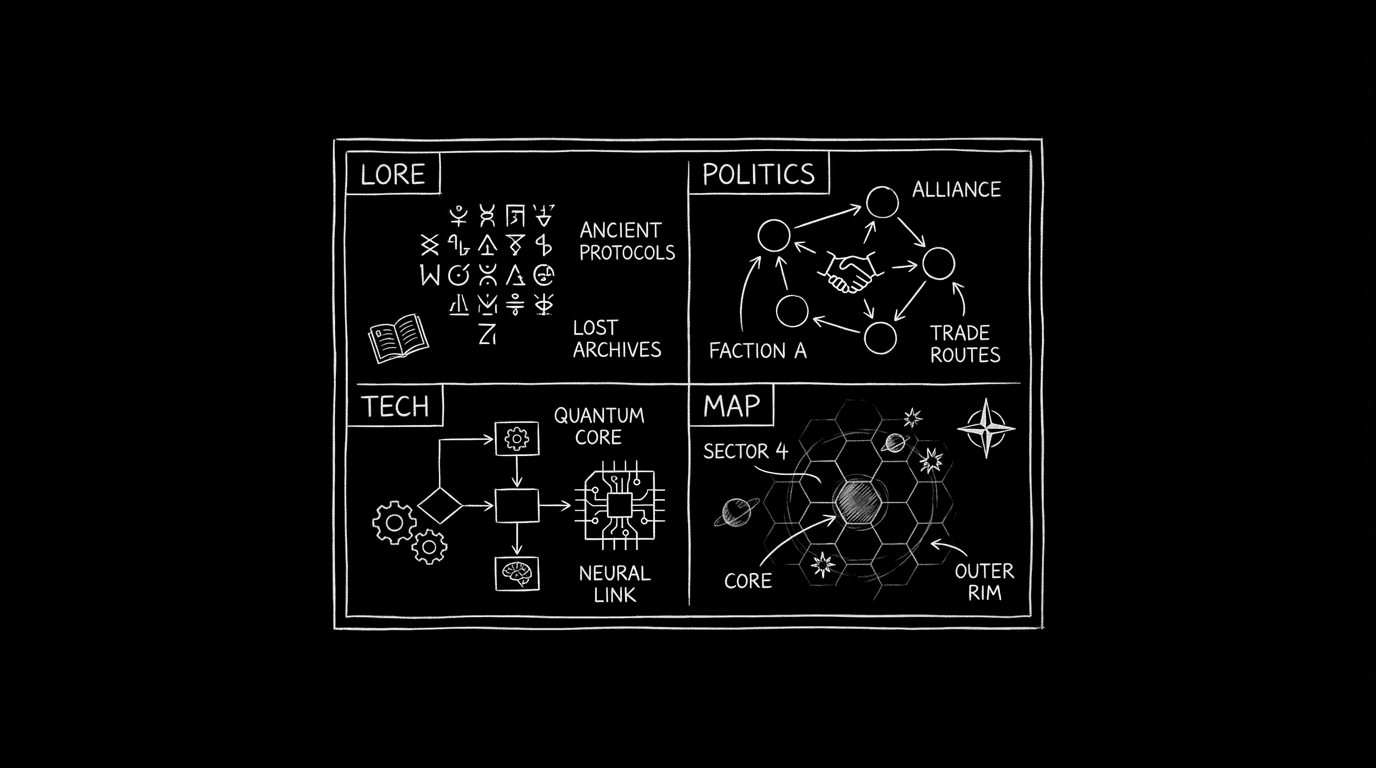 Worldbuilding bible: lore, tech, politics; dark mode technical sketch