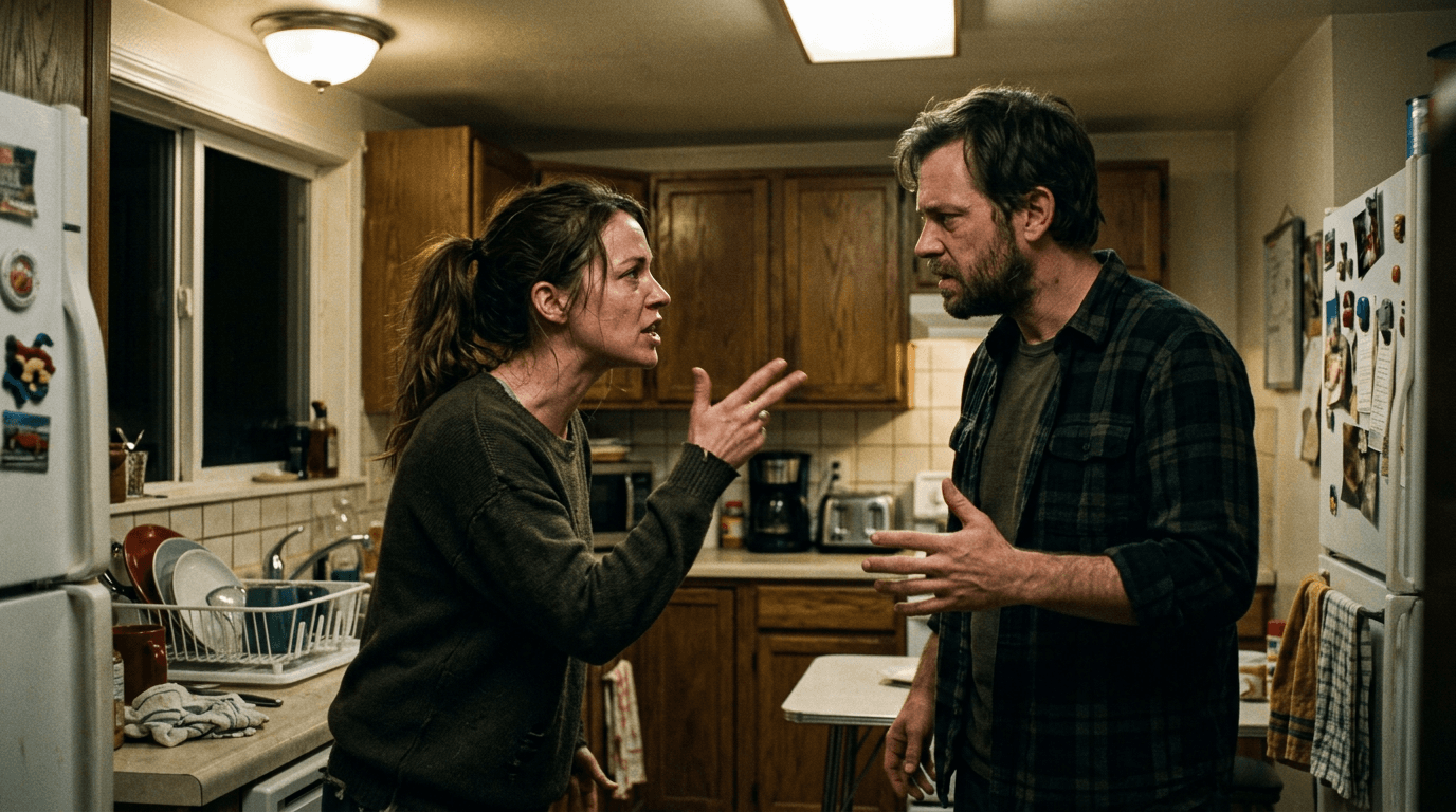 Cinematic 35mm film still: kitchen argument under practical light