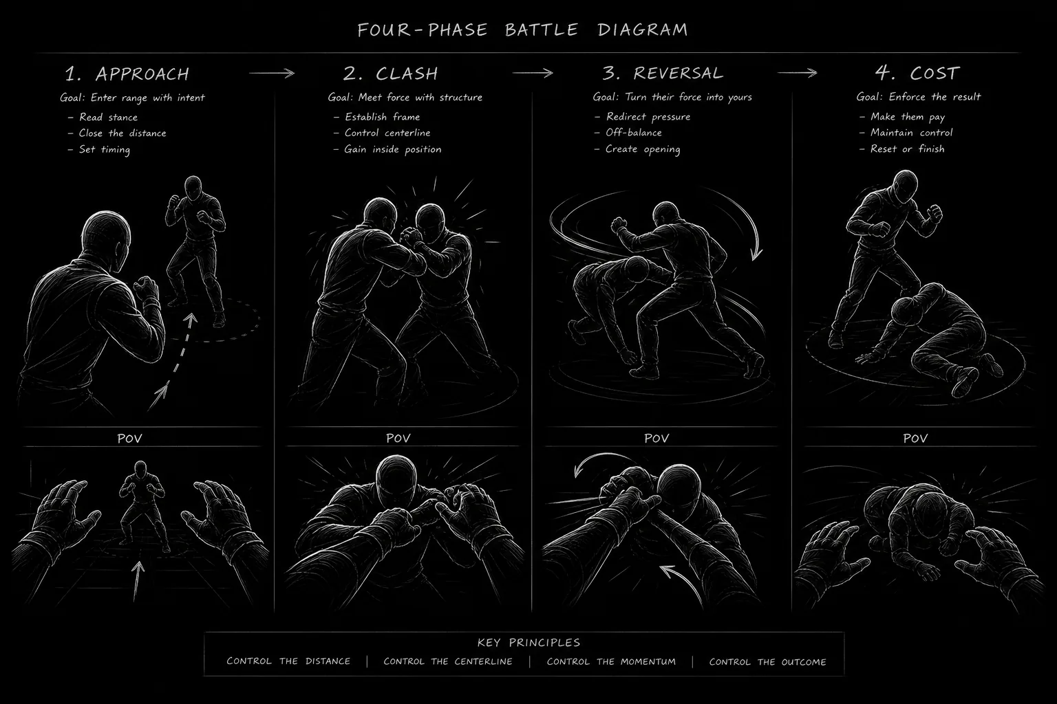 Battle scene movements chart with POV anchor returns; dark mode technical sketch