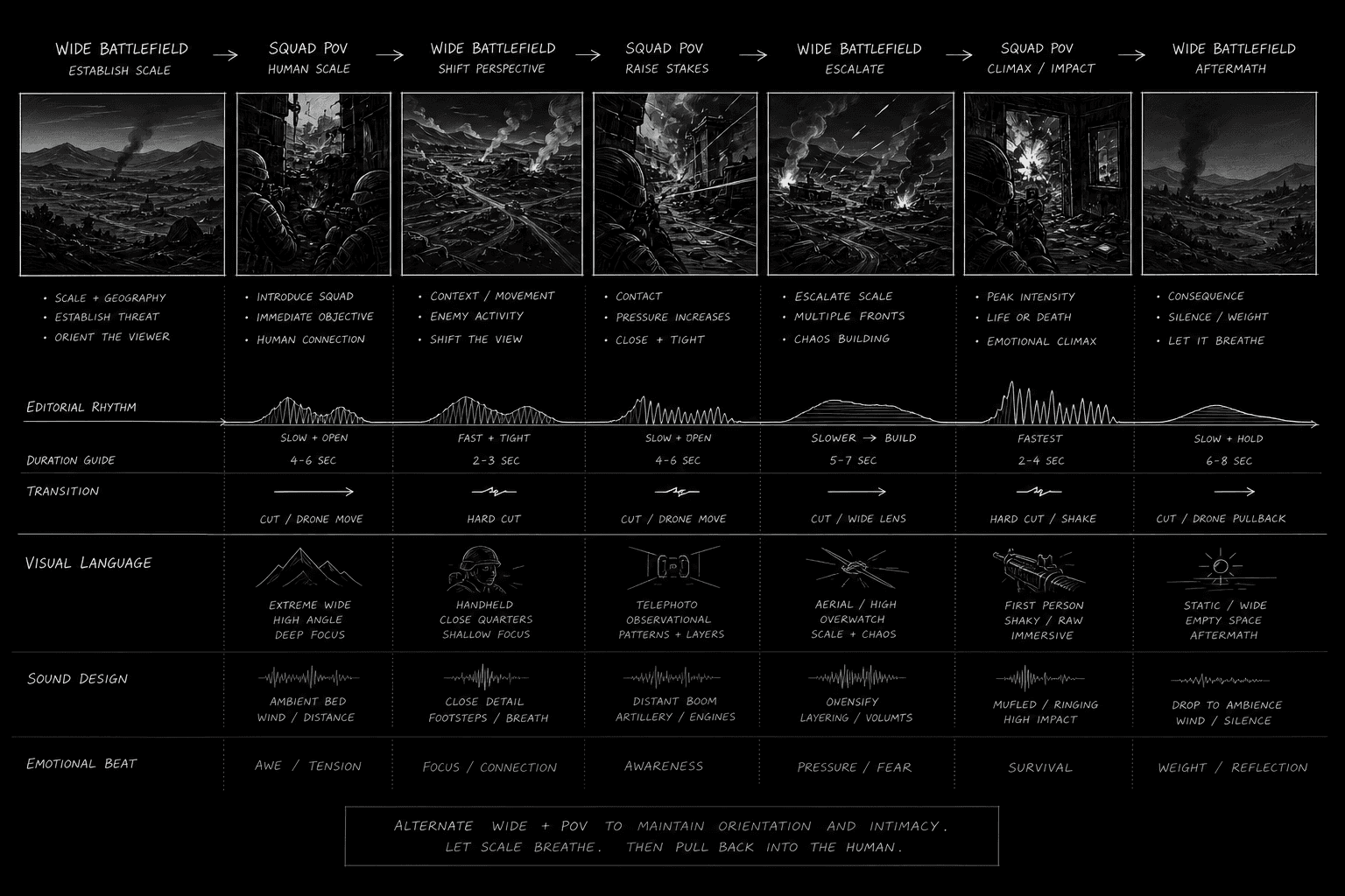 Wide battle scope vs squad focus intercut diagram; dark mode technical sketch