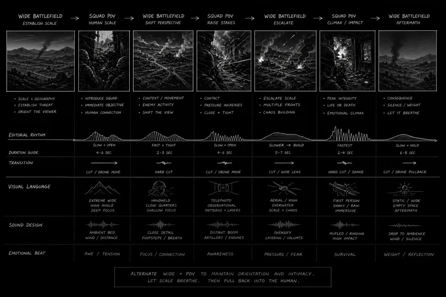 Wide battle scope vs squad focus intercut diagram; dark mode technical sketch