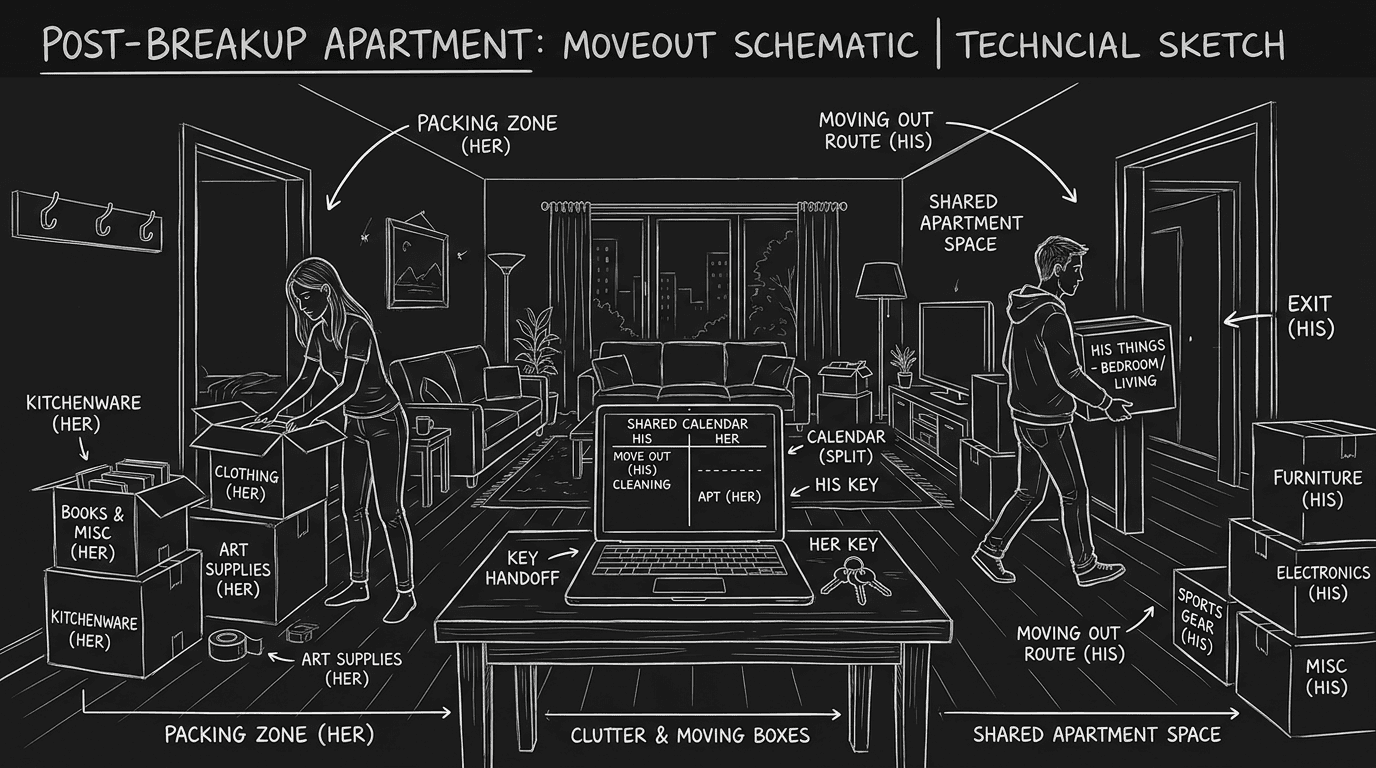 Dark mode technical sketch of post-breakup apartment logistics with labeled boxes, split calendar, and key handoff
