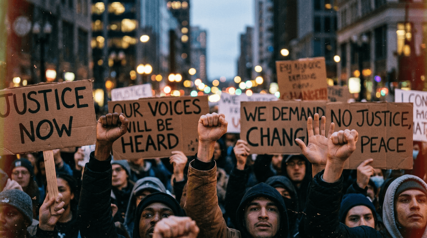 Raised hands and signs; cinematic film still