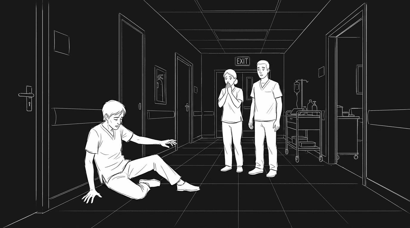 Dark mode technical sketch of a character's final moments as others process the shock in restrained silence