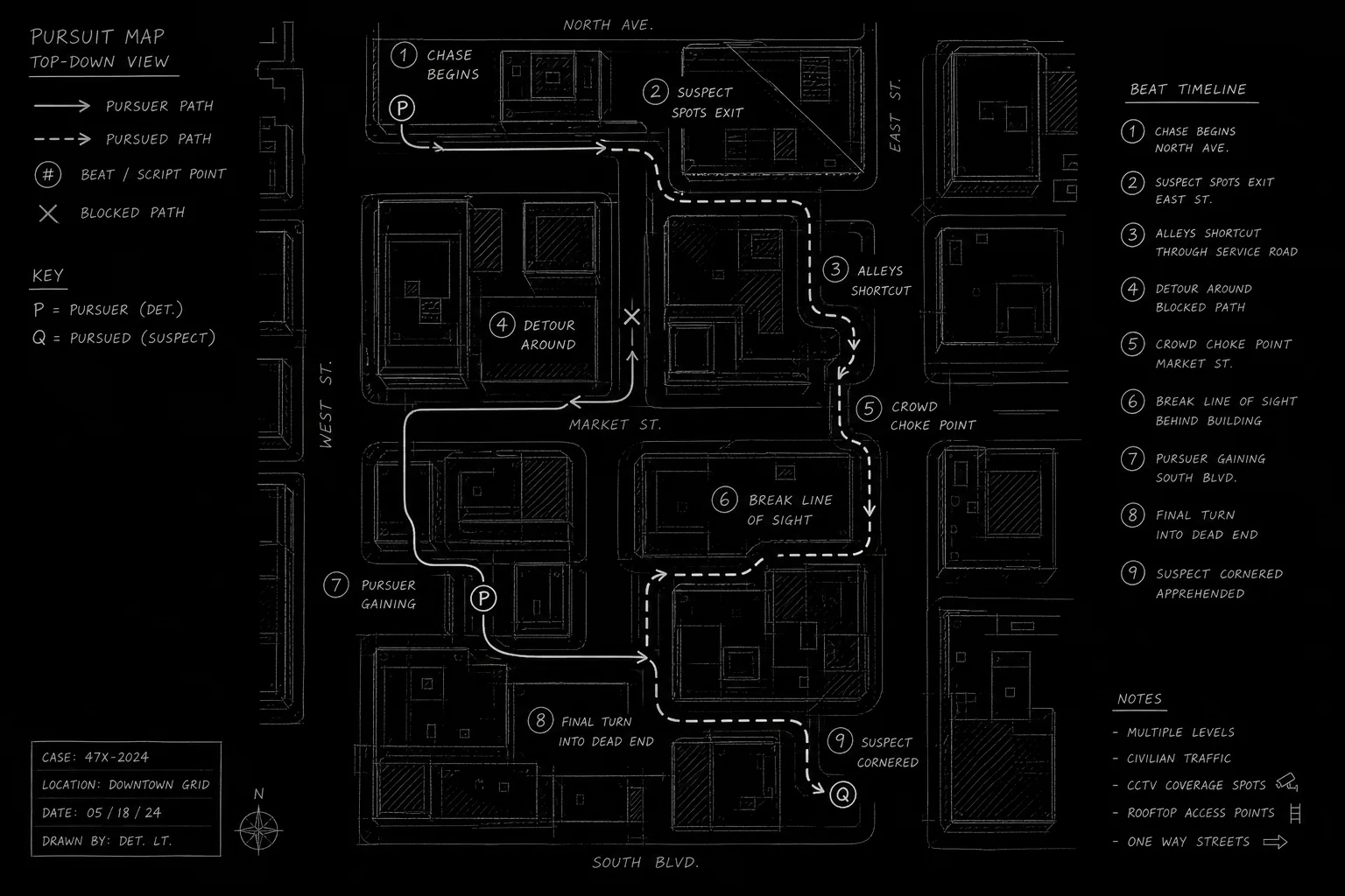Dark mode technical sketch: pursuit paths on city block map with screenplay beats, thin white lines on black