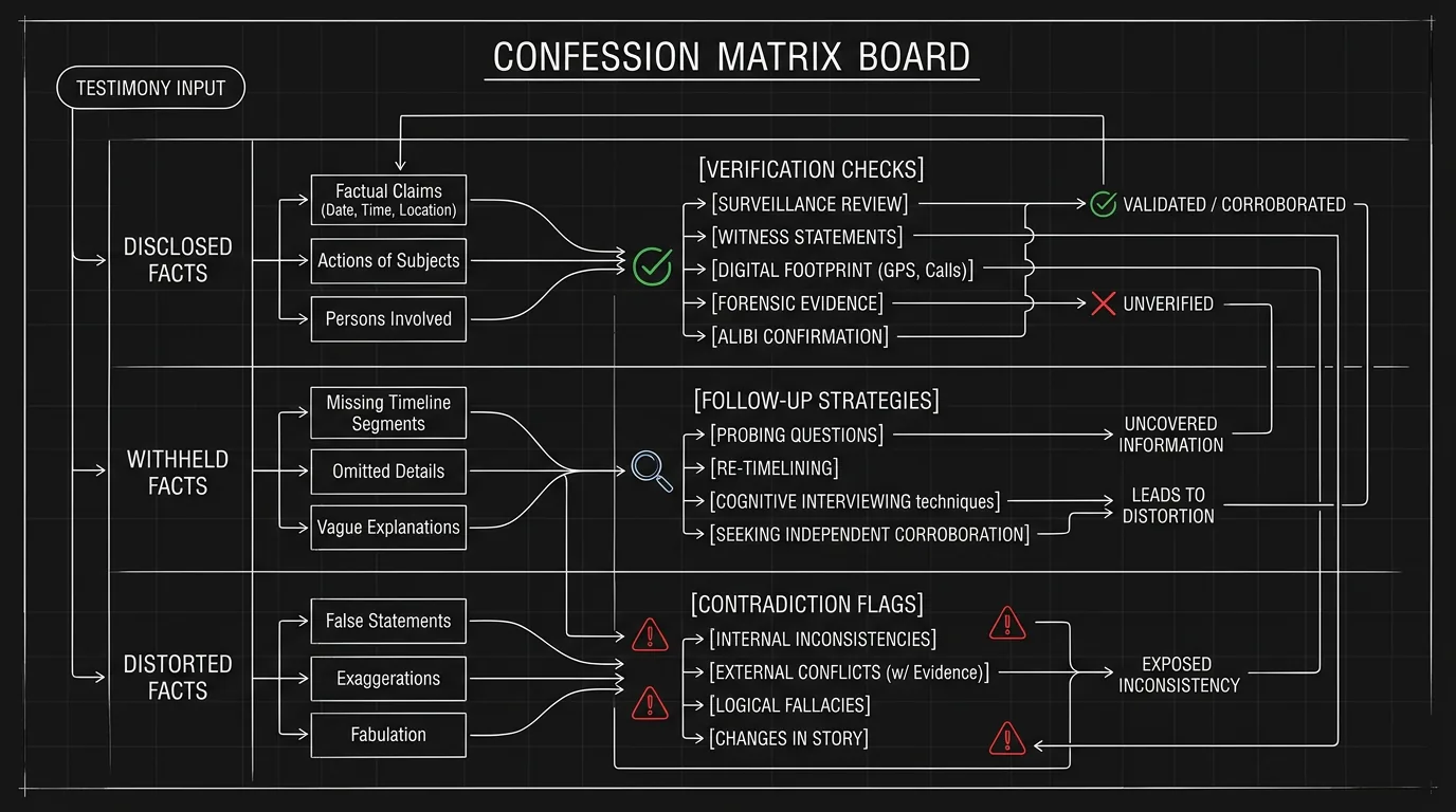 Dark mode technical sketch of confession matrix mapping disclosed, withheld, and distorted facts against verification checks