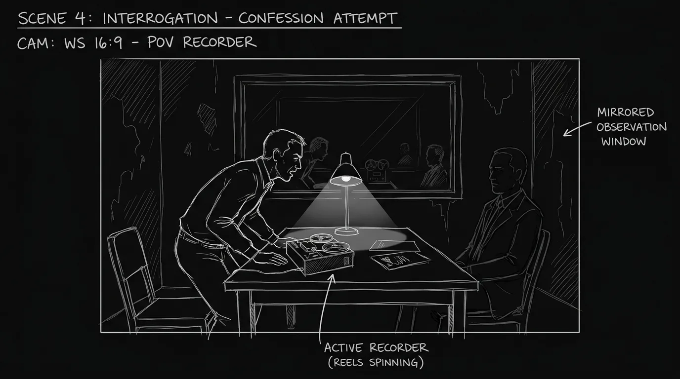 Dark mode technical sketch of a suspect confessing into a recorder during interrogation