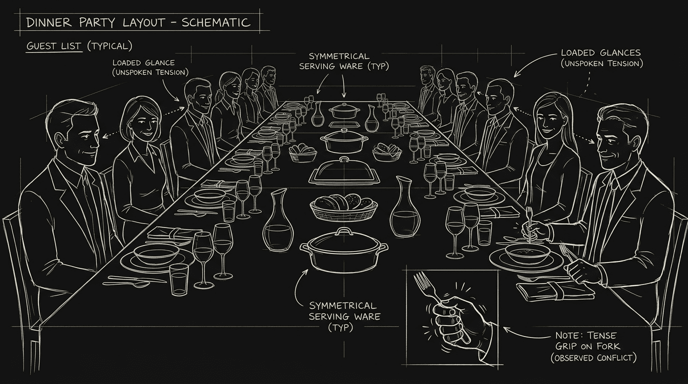 Dark mode technical sketch of a dinner table where smiling guests exchange loaded glances