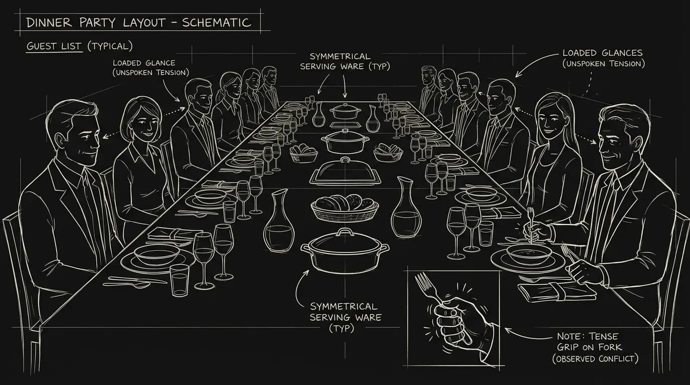 Dark mode technical sketch of a dinner table where smiling guests exchange loaded glances