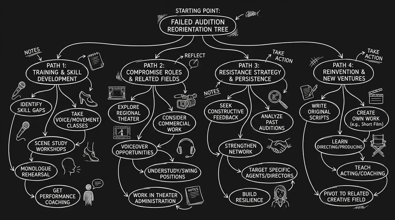 Dark mode technical sketch of post-audition reorientation tree showing training, compromise, resistance, and reinvention paths
