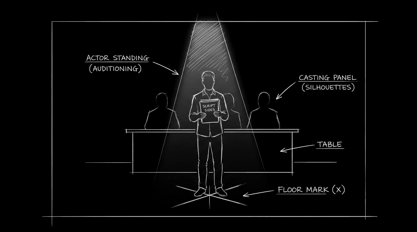 Dark mode technical sketch of an actor frozen mid-read under audition lights before an unreadable casting panel
