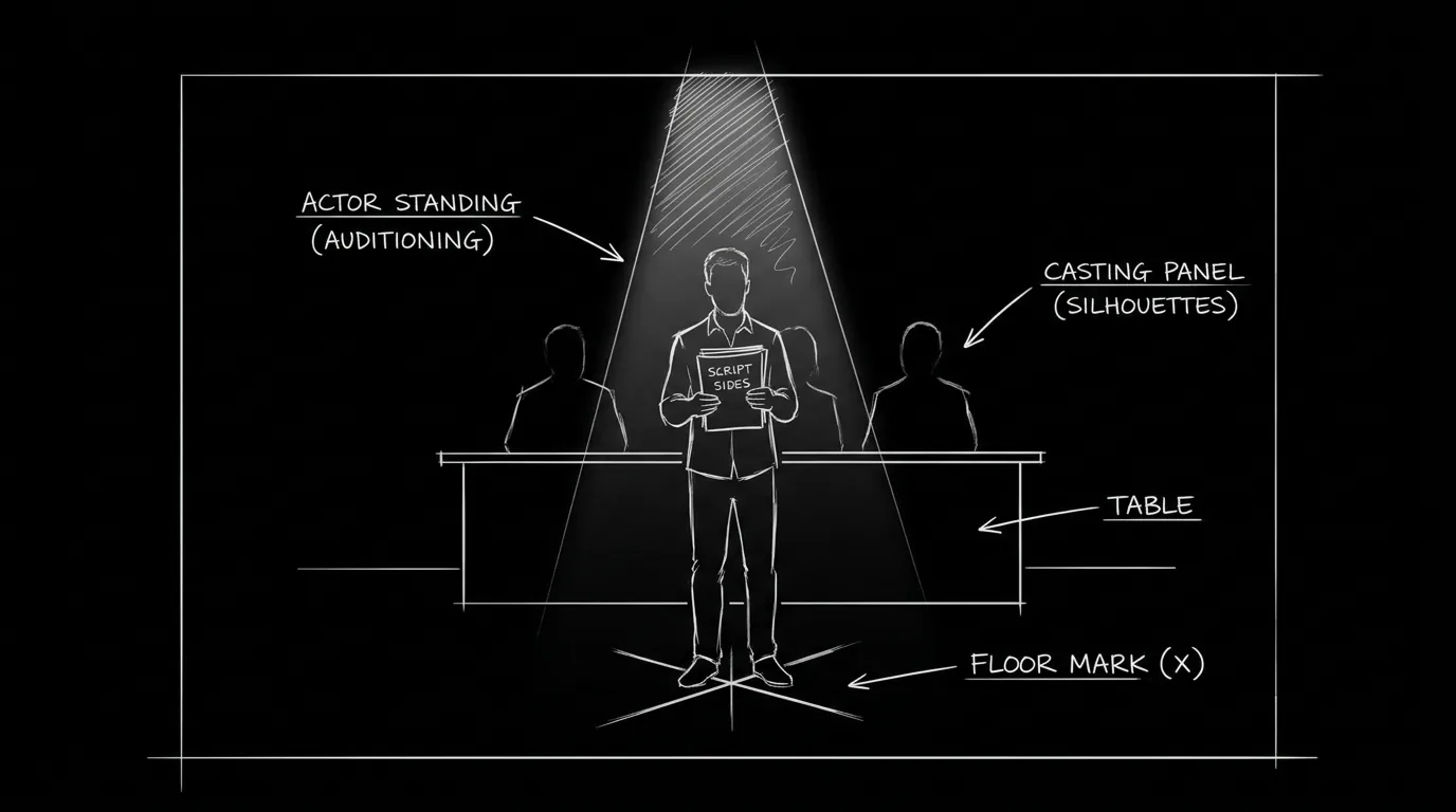 Dark mode technical sketch of an actor frozen mid-read under audition lights before an unreadable casting panel