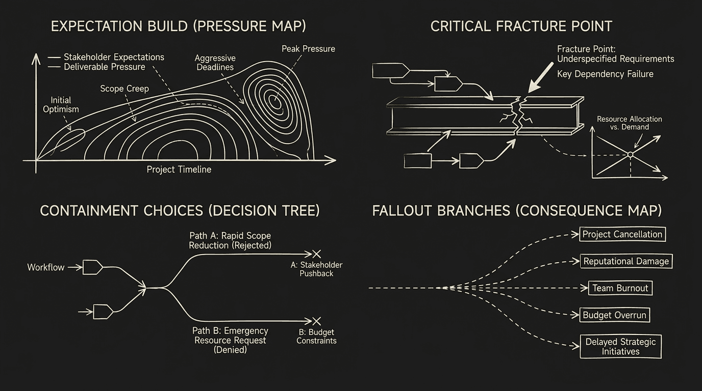 Dark mode technical sketch of failed proposal pressure map with expectation build, fracture point, and fallout branches
