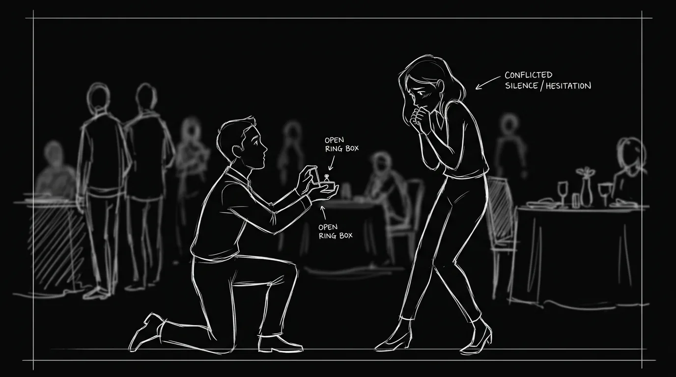 Dark mode technical sketch of a proposal moment freezing as one partner steps back in conflicted silence