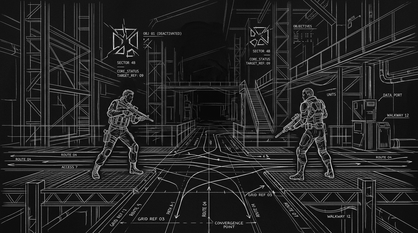 Dark mode technical sketch of two opposing characters facing off as all prior conflicts converge
