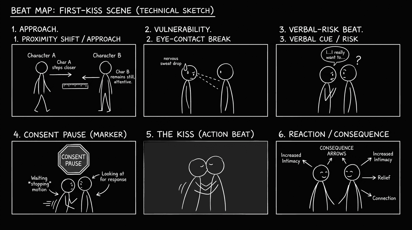 Dark mode technical sketch of a first-kiss beat map with proximity shifts and consent pause markers