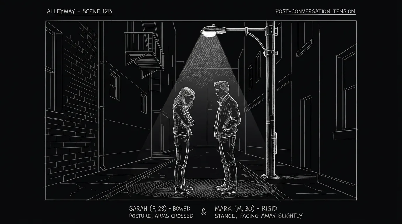Dark mode technical sketch of two characters pausing inches apart before a first kiss