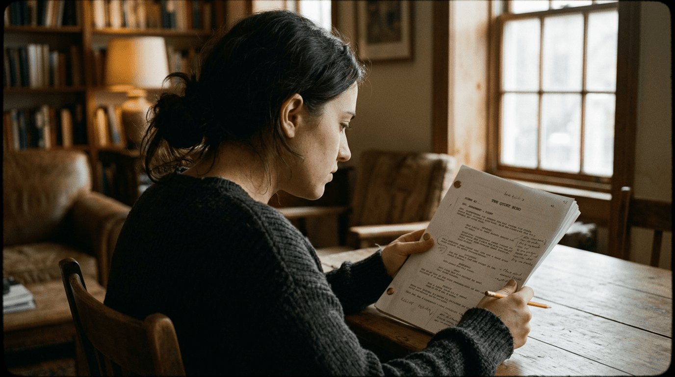 Over-shoulder reading a script; cinematic film still