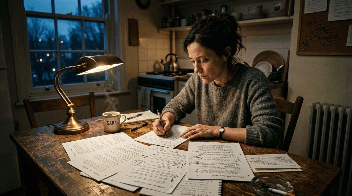 Cinematic 35mm film still: writer at dawn with screenplay pages, visible grain