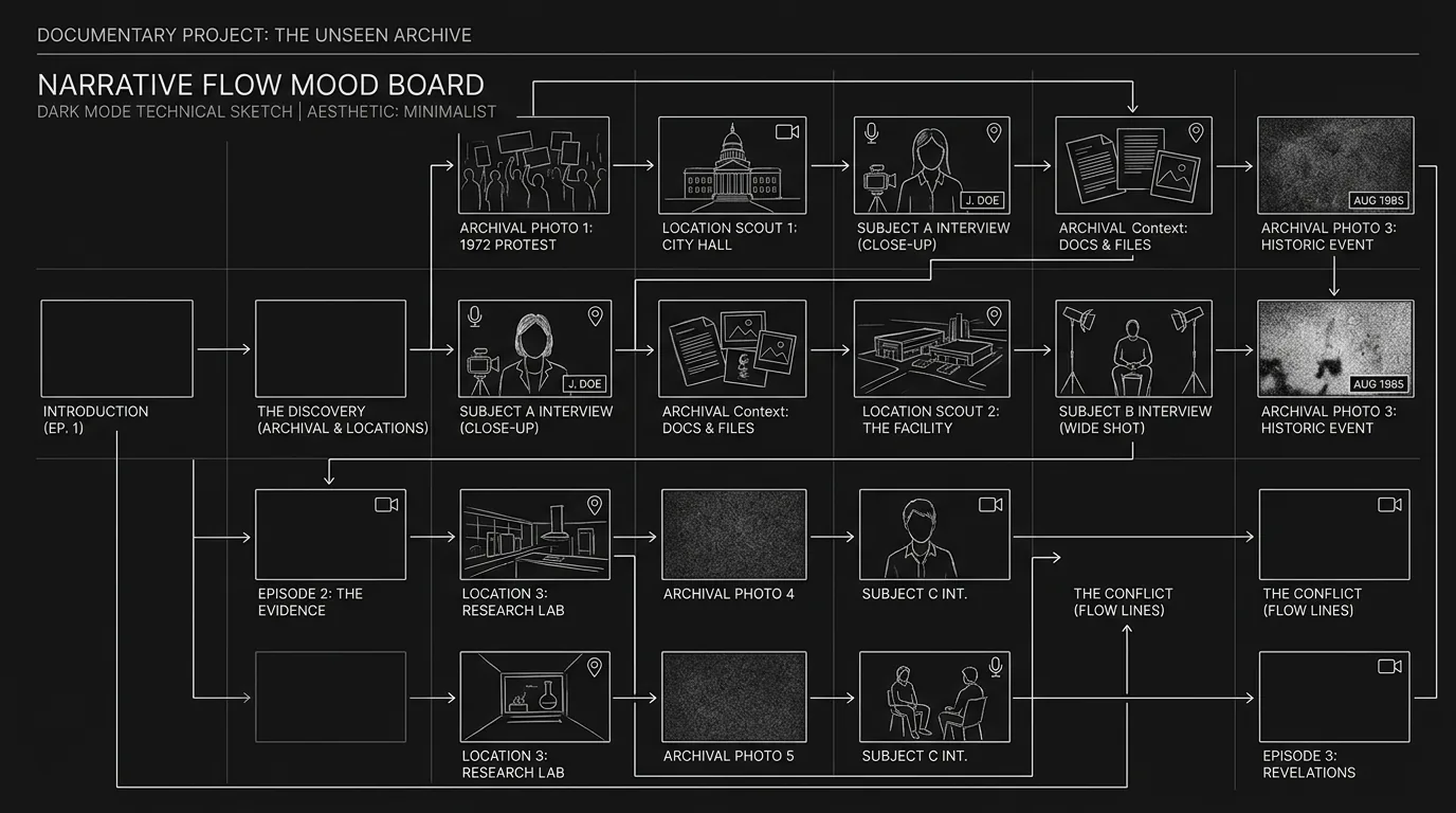 A documentary mood board with visual references and archival images; dark mode technical sketch, thin white lines on black background