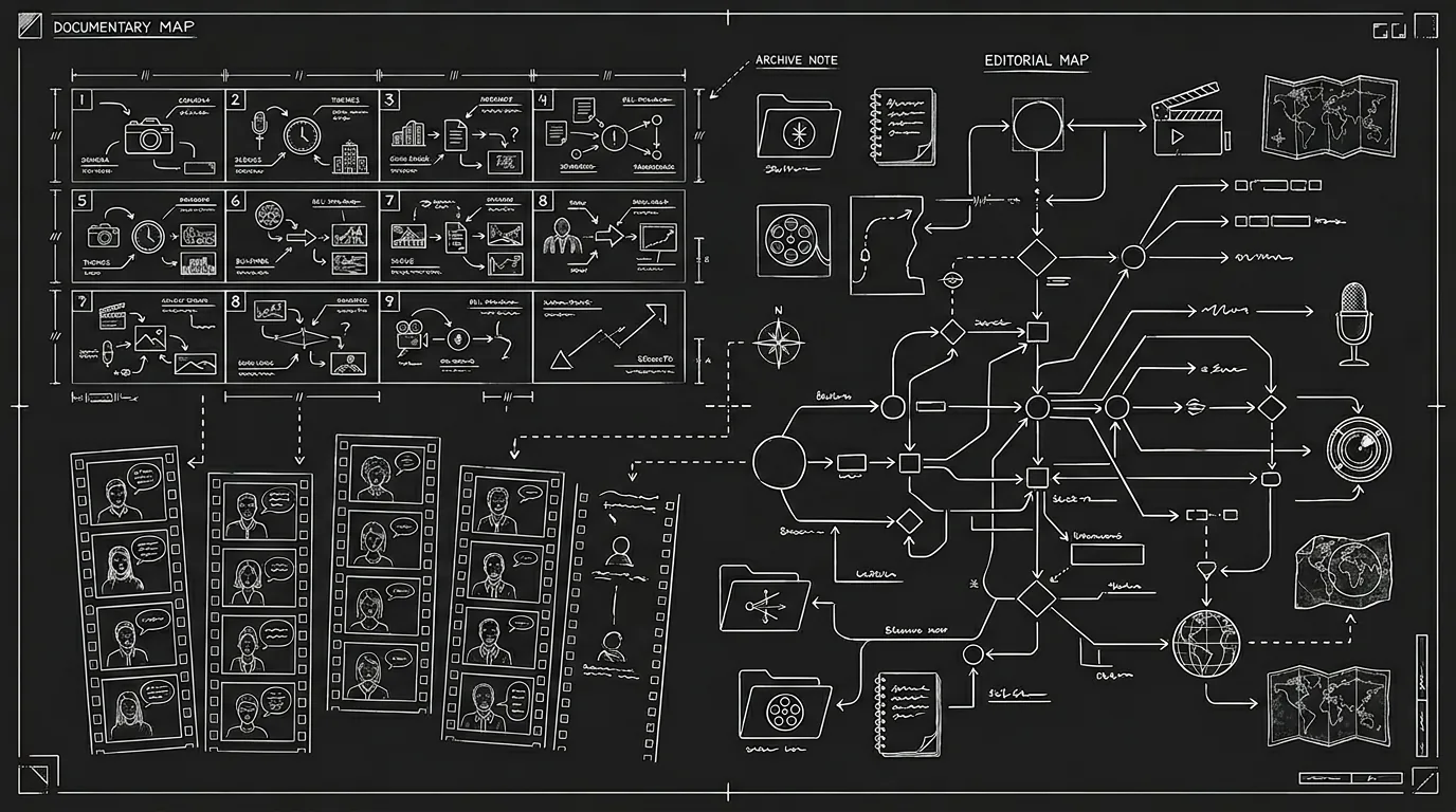 Dark mode technical sketch: documentary treatment document with episode breakdowns; thin white lines on black