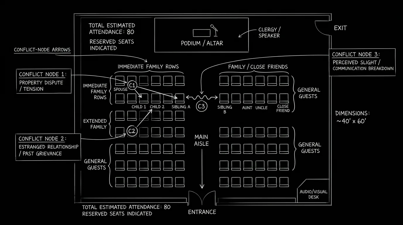 Dark mode technical sketch showing funeral seating map, hierarchy arrows, and conflict nodes